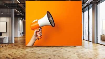 Hand holding megaphone Marketing call to action. sales announcement Vibrant orange backdrop Wall mural