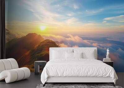 majestic mountaintop bathed in ethereal sunrise light serene blue sky with wispy clouds breathtaking travel background Wall mural