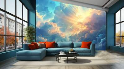 Majestic sky with divine light shining through the clouds, symbolizing faith and spirituality, digital painting Wall mural