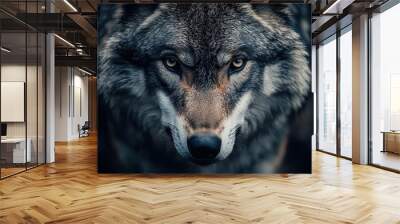 majestic wolf portrait intense closeup of adult wolfs face against pitchblack background piercing eyes and detailed fur texture create a powerful primal image Wall mural