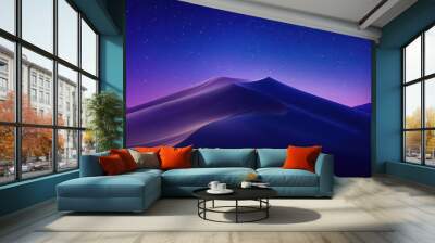 mesmerizing minimalist desert landscape at night featuring smooth sand dunes silhouetted against a gradient sky filled with twinkling stars deep blues transition to warm purples Wall mural