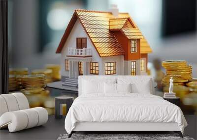 miniature house model placed on an office table surrounded by stacks of shimmering gold coins, illustrating concepts of real estate, wealth, and property investment Wall mural