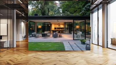 modern glasswalled sunroom extending into a lush garden seamless indooroutdoor living space contemporary furniture on blockpaved patio Wall mural