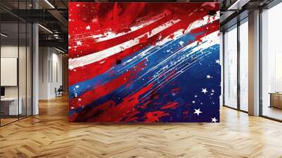 patriotic celebration backdrop bold red white and blue design with stars and stripes dynamic composition conveying energy and national pride for 4th of july Wall mural