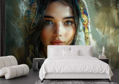 portrait of a beautiful young woman in biblical attire serene expression digital painting Wall mural