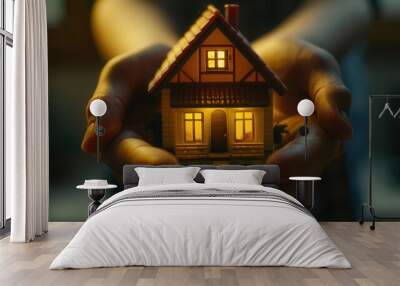 protective hand cradling miniature house model soft focus background suggesting financial security warm lighting emphasizing care and ownership Wall mural