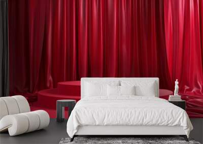 red podium display set with silk cloth curtain valentines day product presentation 3d rendering Wall mural