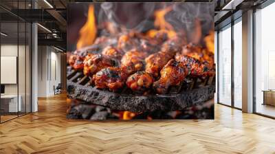 sizzling chicken wings on volcanic rock grill flames licking smoke tendrils extreme closeup food action shot Wall mural