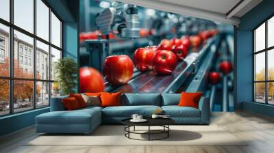 sleek automated production line with shiny red apples moving on conveyor belt robotic arms sorting and packaging fruit hightech food processing facility clean aesthetic Wall mural