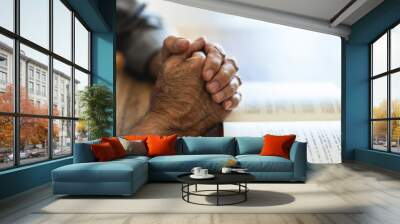 Praying, hands closeup and bible religion, faith and god knowledge, studying or research. Prayer, hope and christian person with book for learning, analysis and spiritual education or scripture. Wall mural