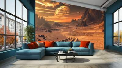 surreal desert landscape with winding sand road shimmering heat waves and distant alienlike rock formations Wall mural