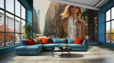 urban chic confidence fashionable young woman striding through city streets showcasing trendy outfit and selfassurance lifestyle photography Wall mural