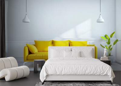 vibrant yellow sofa as focal point in minimalist white living room 3d interior rendering Wall mural