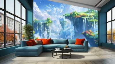 whimsical fantasy landscape with floating islands waterfalls and colorful fauna digital painting Wall mural