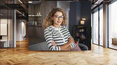 Woman Wearing Glasses Standing in Living Room Wall mural