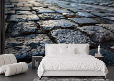 Worn cobblestone street texture with historical charm and uneven surface. Wall mural