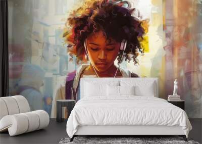 young african american woman in casual attire listening to music on earphones while walking alone in downtown city digital painting Wall mural