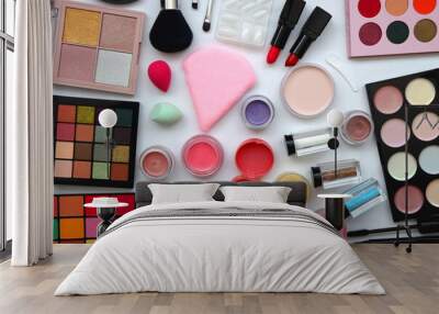 Various colorful beauty products on white background. Flat lay. Wall mural