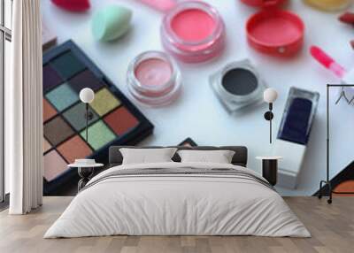 Various colorful beauty products on white background. Selective focus. Wall mural