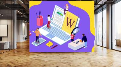 Isometric concept creative writing or blogging, education and content management for web page, banner, social media, documents, cards, posters. Illustration for news, copywriting, seminars, Wall mural