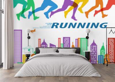 Running marathon people colorful illustration. Wall mural