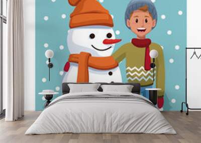 Boy with snowman cartoon icon vector illustration graphic design Wall mural