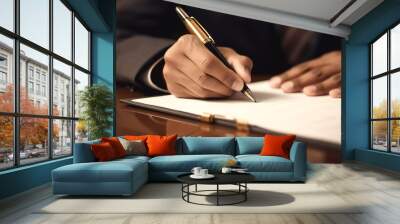 Businessman signing contract with fountain pen at desk in office generated by AI Wall mural