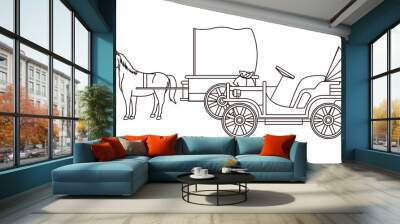 Classic cars and horse carriages vehicles in black and white Wall mural