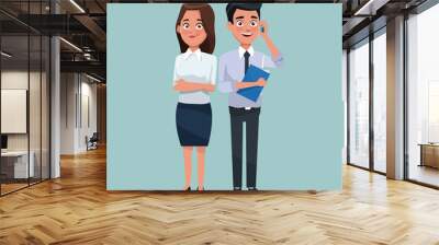 color background full body set pair of woman short wavy hair and man with folder and cellphone characters for business vector illustration Wall mural