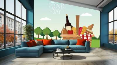 colorful poster scene landscape of picnic day and basket full of food vector illustration Wall mural