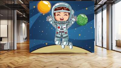 Girl astronaut on planet cartoon vector illustration graphic design childhood space party Wall mural