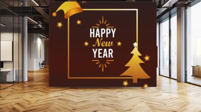 happy new year lettering card with santa hat and pine tree golden Wall mural