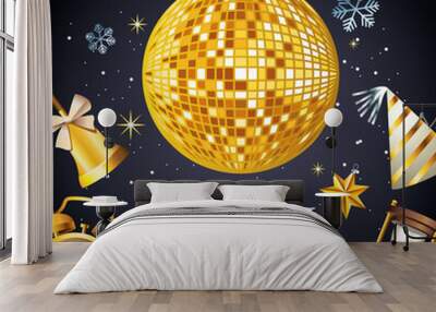 happy new year lettering with mirrors ball disco and set celebration icons Wall mural