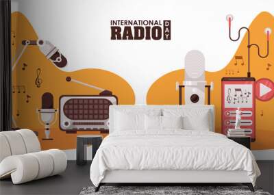 international radio day poster with retro aparatus and microphones Wall mural