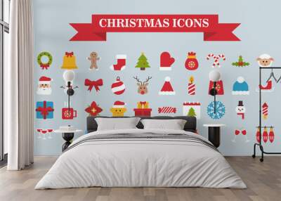 lettering in ribbon and bundle of merry christmas flat style icons Wall mural