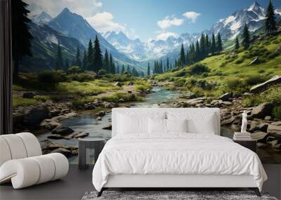 Majestic mountain range reflects tranquil meadow in summer beauty generated by AI Wall mural