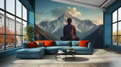 Meditating on mountain peak, serene people find spirituality and wellbeing generated by AI Wall mural