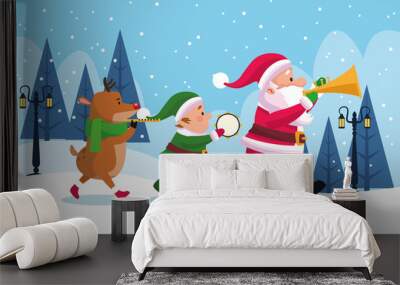 merry christmas card with characters playing instruments Wall mural