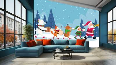 merry christmas card with characters playing instruments Wall mural