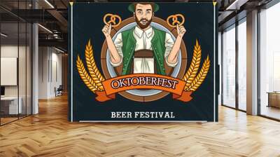 oktoberfest celebration card with german man eating pretzels Wall mural