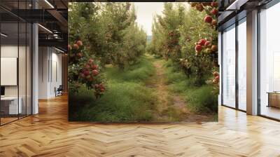 Ripe apples on green tree branch in organic apple orchard generated by AI Wall mural