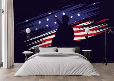 soldier with rifle figure silhouette in usa flag background Wall mural