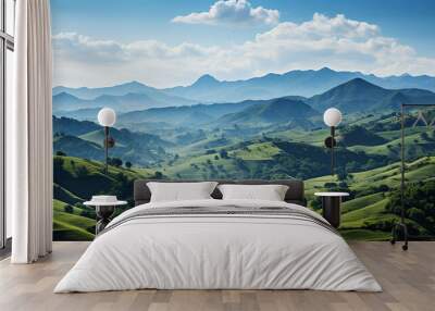 Tranquil meadow, green mountains, blue sky nature beauty generated by AI Wall mural