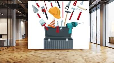 white background with toolbox opened and utensils floating vector illustration Wall mural