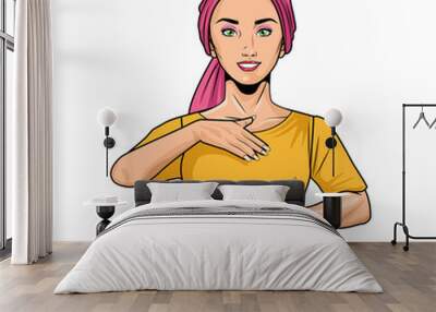 woman doing breast self exam wearing head scarf pop art style Wall mural