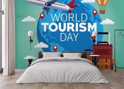 world tourism day lettering celebration with earth planet and set icons Wall mural