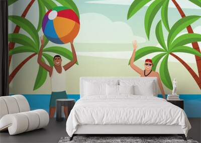 Young mens playing with ball at beach vector illustration graphic design Wall mural