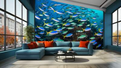 A school of yellow tail fusilier swim over the reef Wall mural