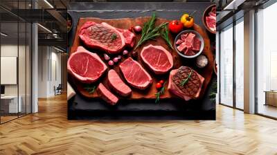 Sumptuous Symphony: A Captivating Culinary Canvas of Prime Beef Steaks and Luscious Raw Cuts on a Rustic, Dark Table Wall mural