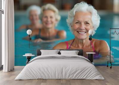 Active senior women in row enjoying aqua fit class in a pool, displaying joy and camaraderie, generative AI Wall mural